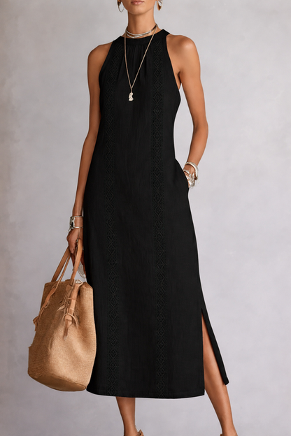 Jimena | Vestido midi de lino con cuello mao