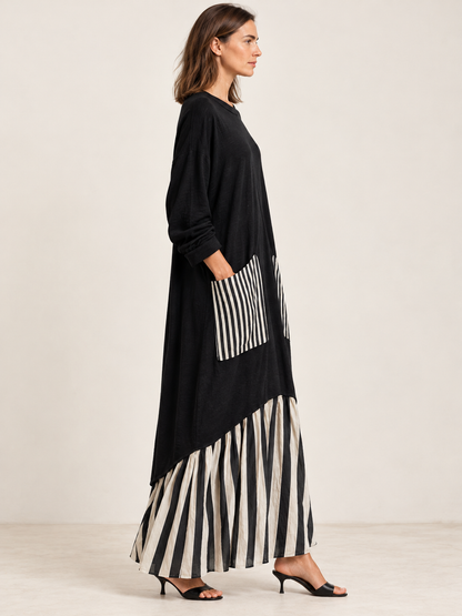 Stefania | Vestido largo holgado de algodón negro con rayas de estilo patchwork