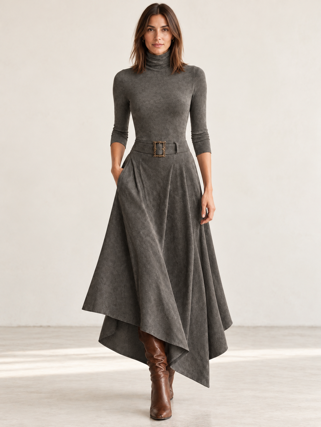 Francesca | Conjunto gris de top de cuello alto y falda midi asimétrica de ante sintético (con cinturón)