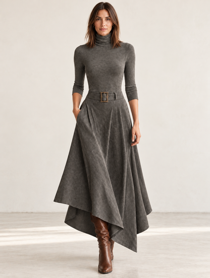 Francesca | Conjunto gris de top de cuello alto y falda midi asimétrica de ante sintético (con cinturón)