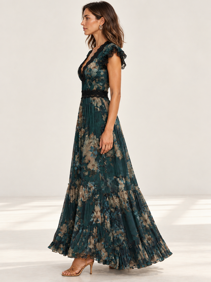 Lucia | Vestido largo de gasa verde oscuro de estilo vintage con encaje floral