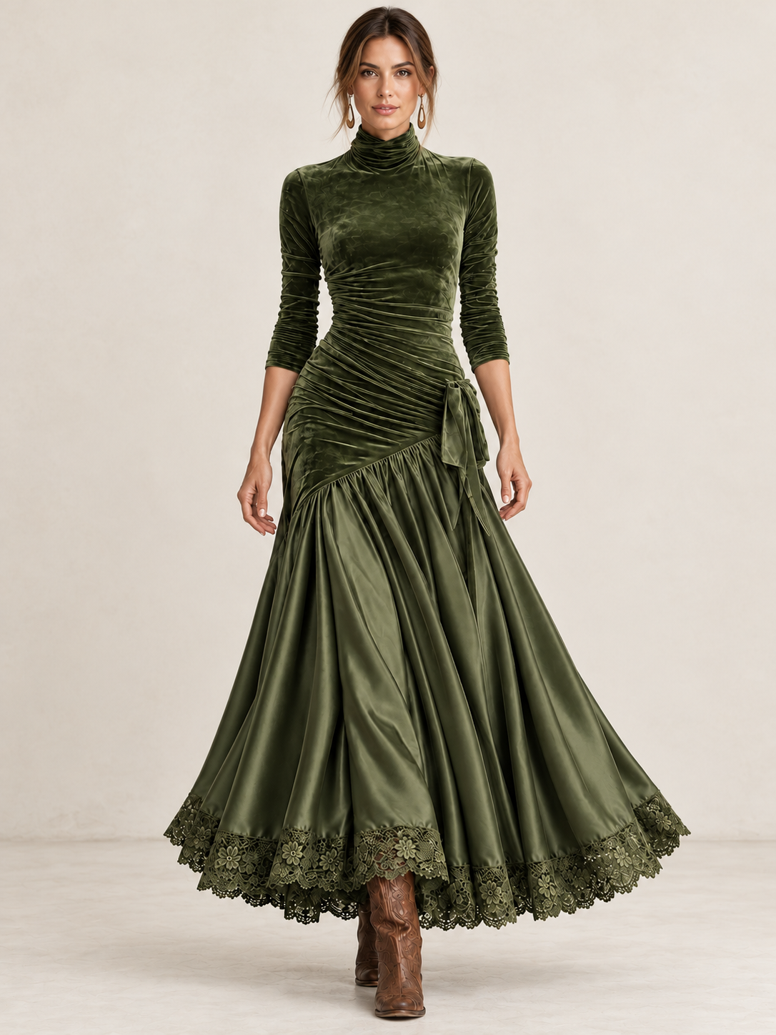 Antonella | Vestido largo verde oliva de terciopelo y satén con paneles y bajo de encaje