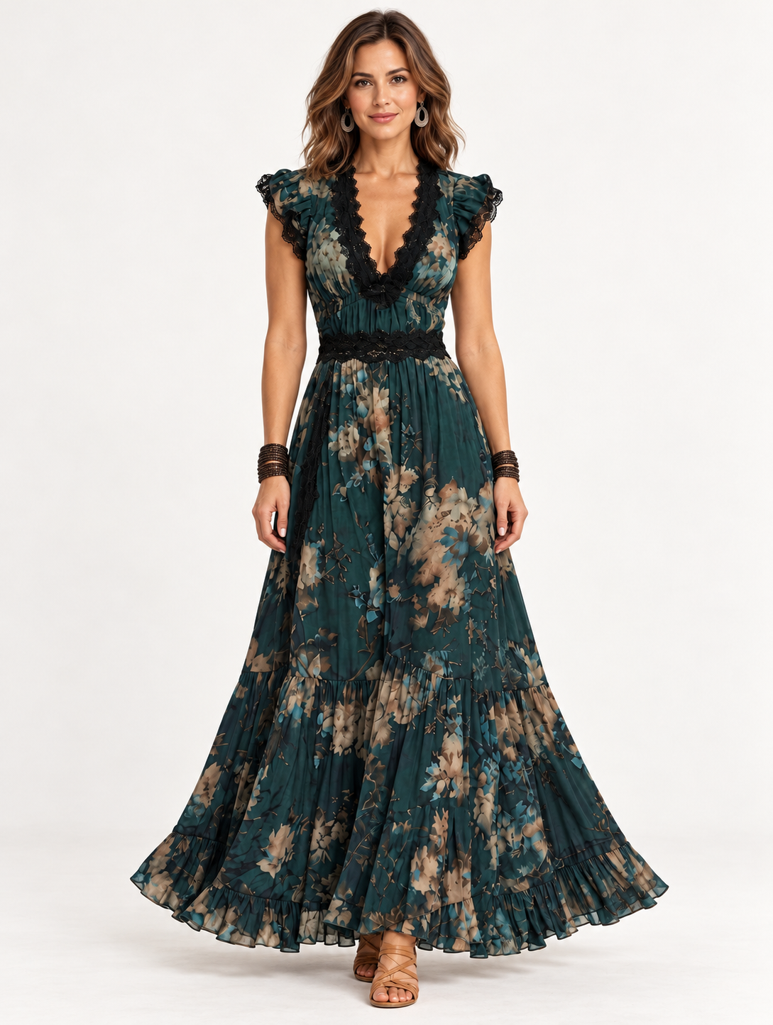 Lucia | Vestido largo de gasa verde oscuro de estilo vintage con encaje floral