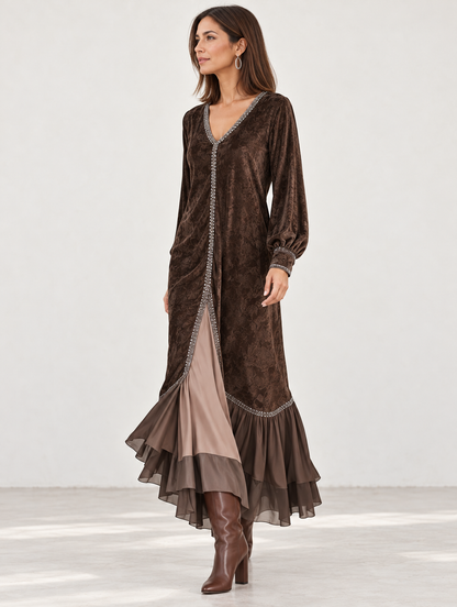 Teresa | Vestido midi de ante sintético con corte evasé, escote en V y detalle de remate
