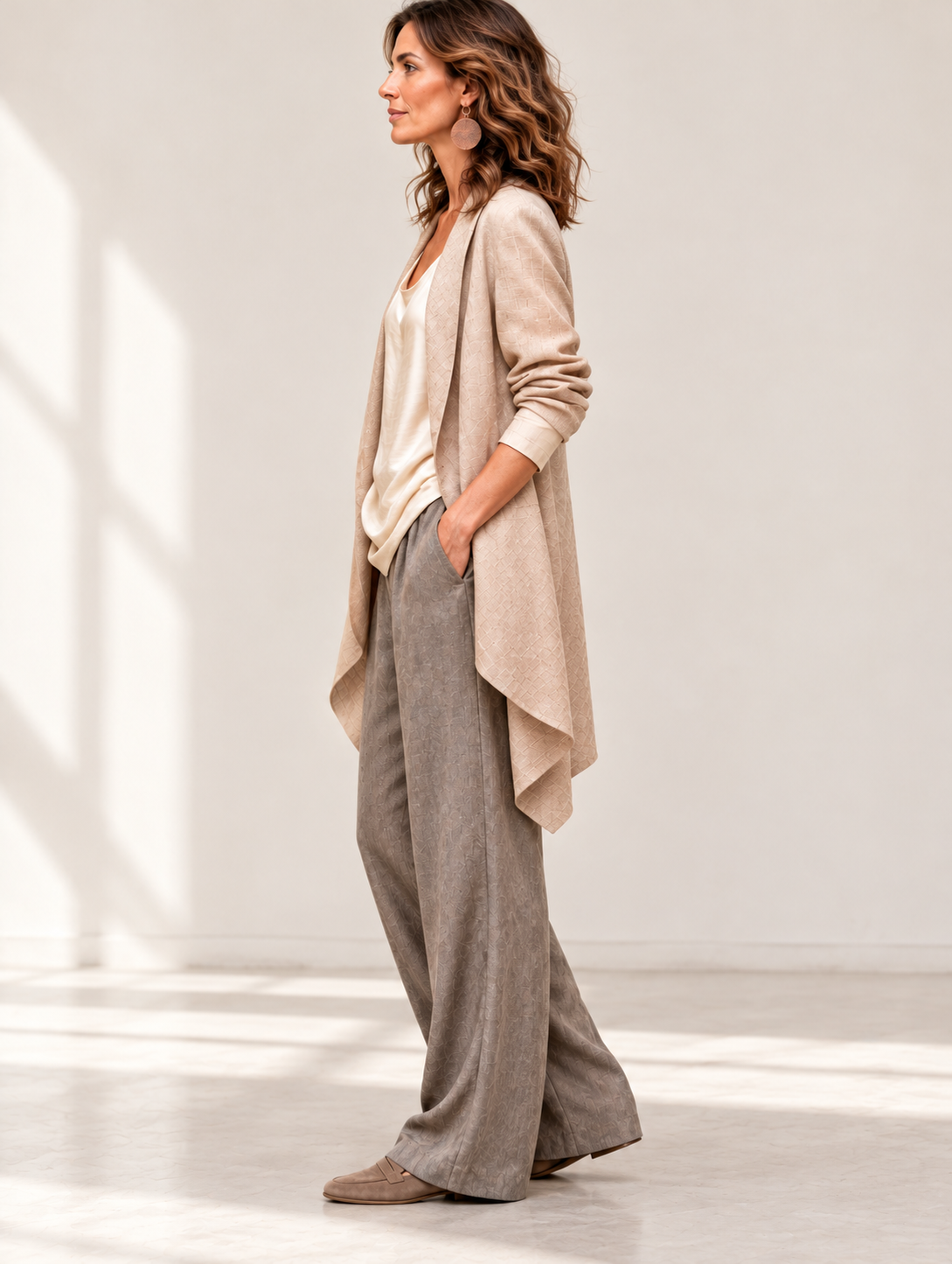 Costanza | Conjunto elegante de tres piezas en beige y gris con pantalón palazzo a capas