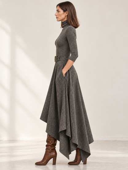 Francesca | Conjunto gris de top de cuello alto y falda midi asimétrica de ante sintético (con cinturón)