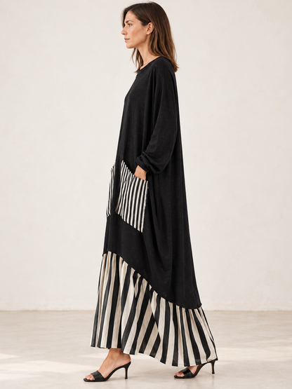 Stefania | Vestido largo holgado de algodón negro con rayas de estilo patchwork