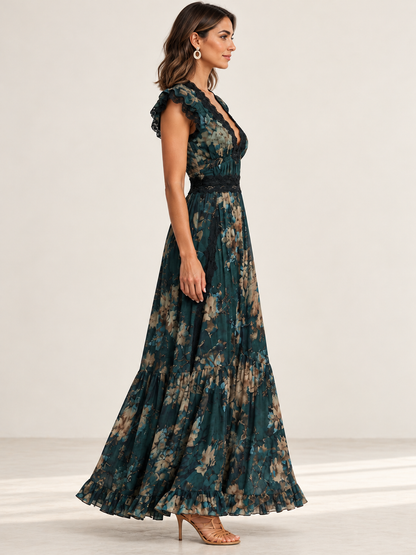 Lucia | Vestido largo de gasa verde oscuro de estilo vintage con encaje floral