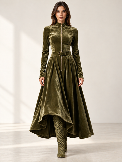 Raffaella | Vestido largo de terciopelo verde oliva con cremallera frontal de estilo vintage (cinturón incluido)