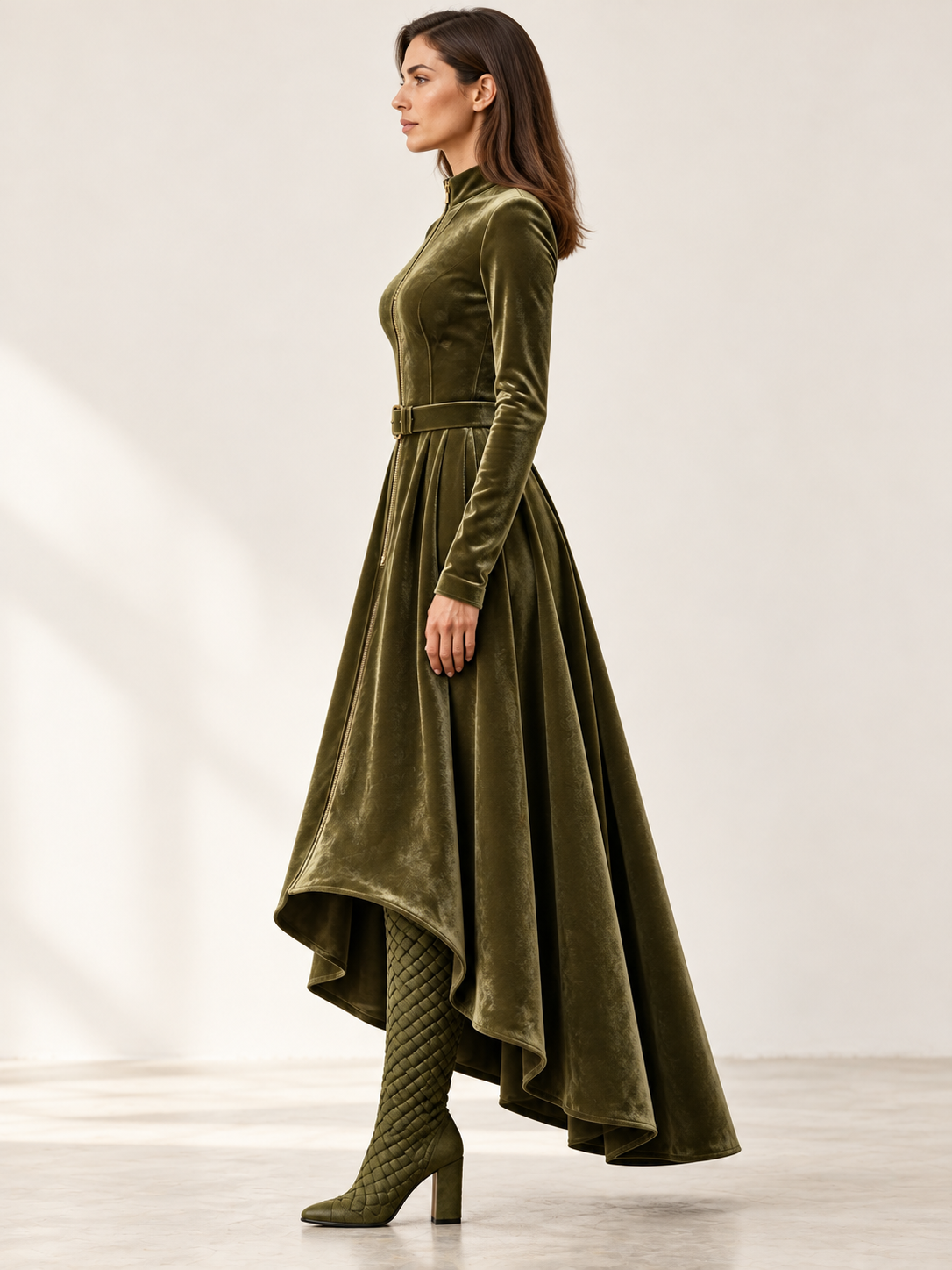 Raffaella | Vestido largo de terciopelo verde oliva con cremallera frontal de estilo vintage (cinturón incluido)