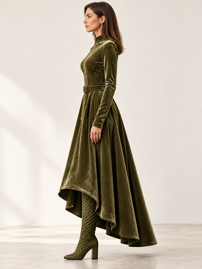 Raffaella | Vestido largo de terciopelo verde oliva con cremallera frontal de estilo vintage (cinturón incluido)