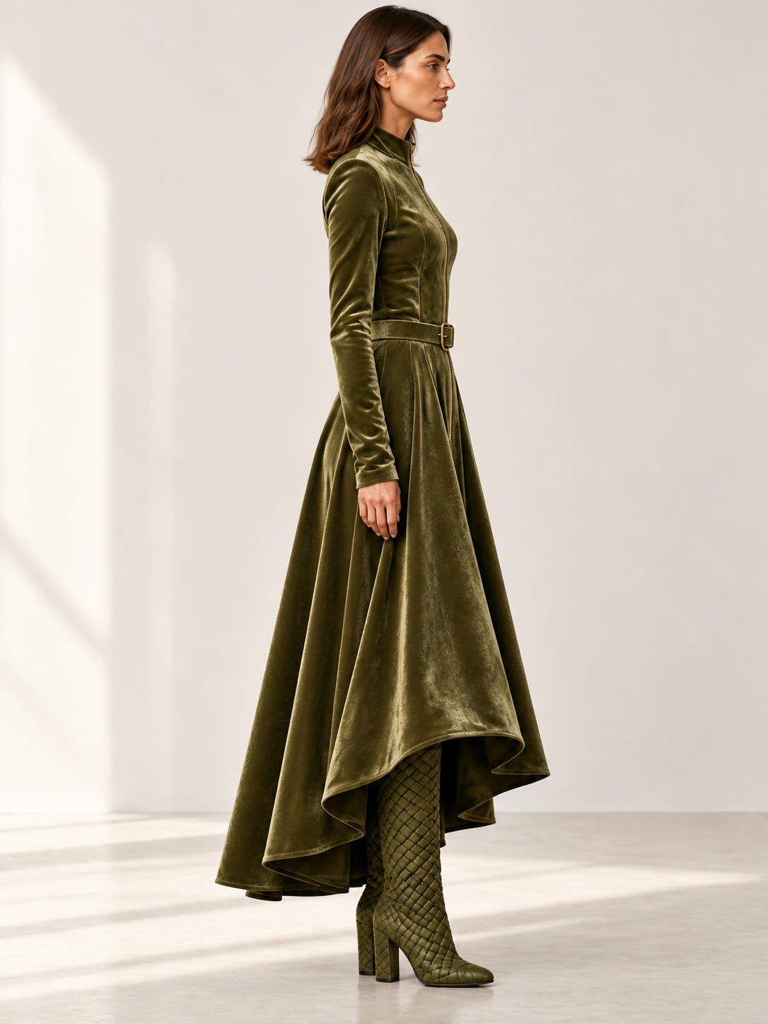 Raffaella | Vestido largo de terciopelo verde oliva con cremallera frontal de estilo vintage (cinturón incluido)