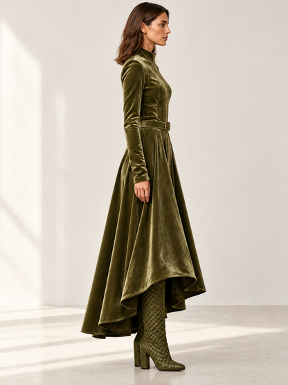 Raffaella | Vestido largo de terciopelo verde oliva con cremallera frontal de estilo vintage (cinturón incluido)