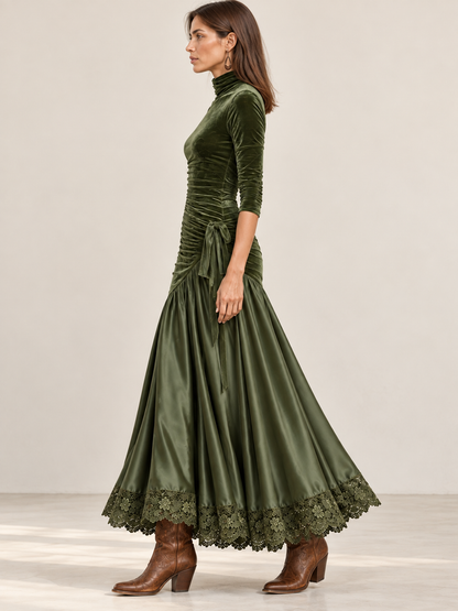 Antonella | Vestido largo verde oliva de terciopelo y satén con paneles y bajo de encaje