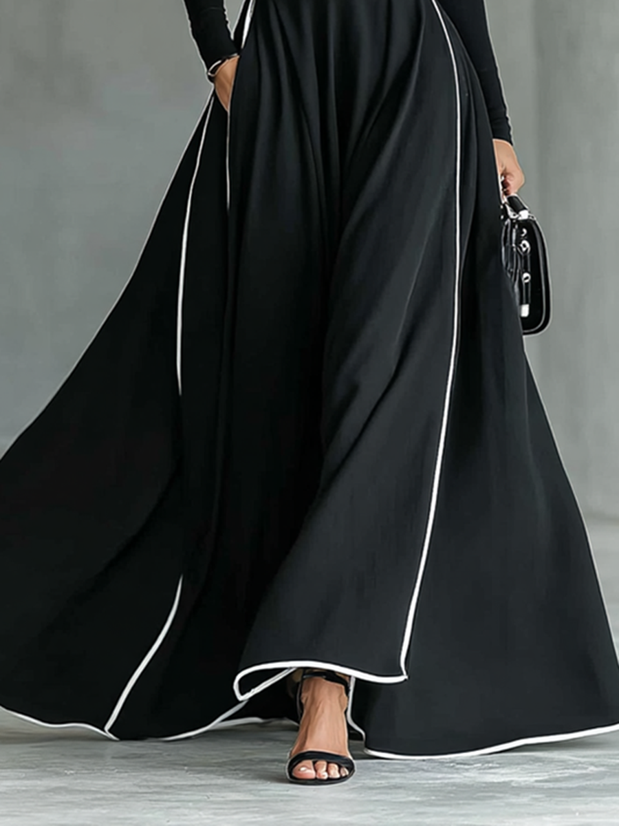 Gina – Vestido Maxi Negro de Mujer con Costuras Blancas, Cuello Alto, Manga Larga y Cintura Entallada