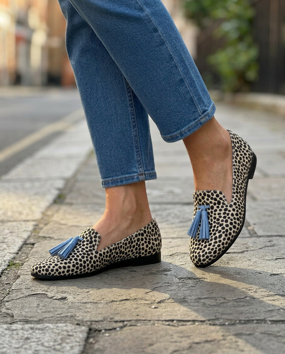 Mocasines Nadia — Leopardo Blanco y Negro con Borlas Azules